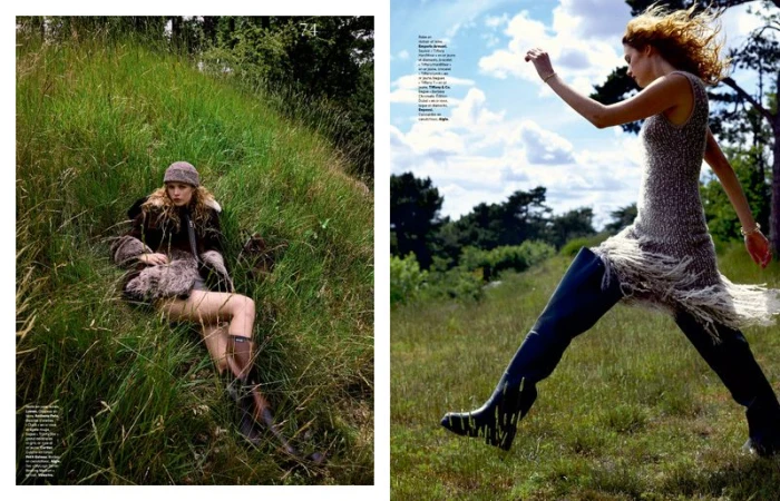 Model Liv Walters poses in tall grass wearing a knit dress and boots for the Les Echos Classe Nature editorial.