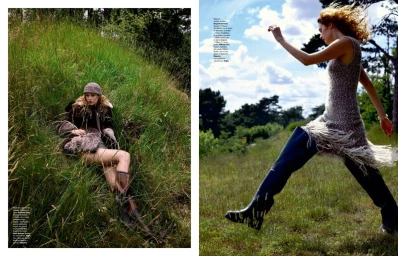 Model Liv Walters poses in tall grass wearing a knit dress and boots for the Les Echos Classe Nature editorial.