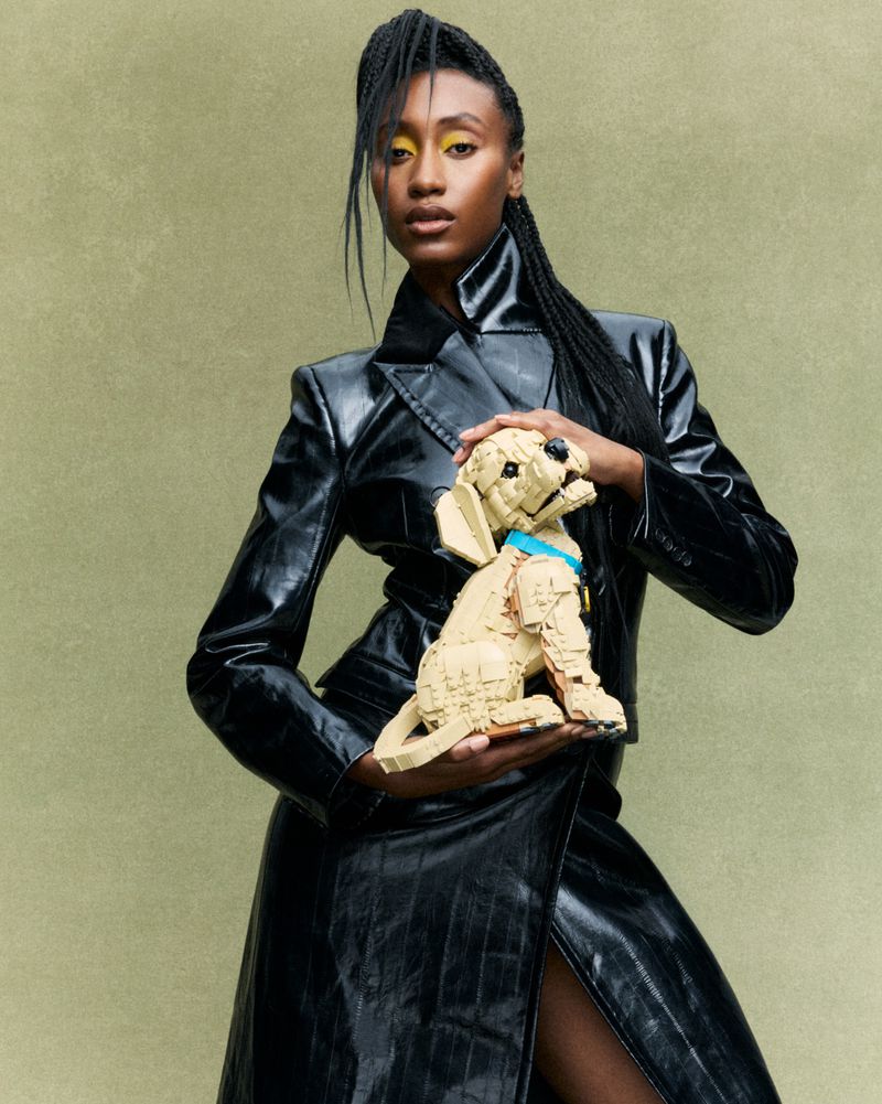Black woman with braided hair wearing a shiny black coat holding a beige toy dog