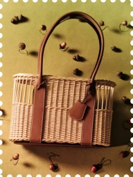 Wicker and leather handbag centered on an olive green background with scattered acorns