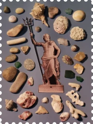 Flat lay arrangement of beach stones, seashells, coral pieces, and a paper cut-out figure holding a trident against grey