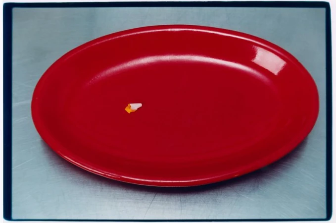 A bright red oval plate rests on a metallic surface with a small scrap of orange and white paper inside.