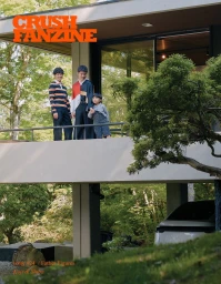 Editorial photograph of two men and a young child standing on a modern balcony, with the CRUSHFANZINE title visible at the top.