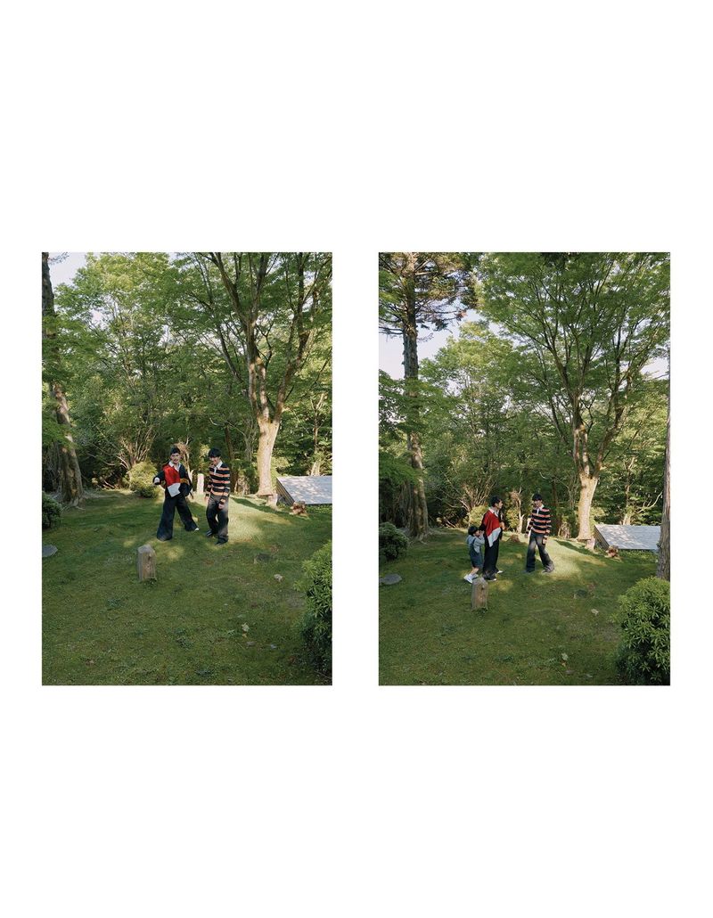 Two side-by-side vertical forest photographs showing individuals standing outdoors among lush green trees and grassy terrain.