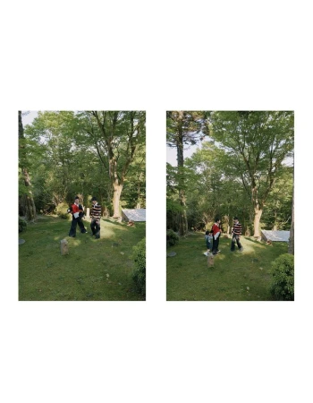 Two side-by-side vertical forest photographs showing individuals standing outdoors among lush green trees and grassy terrain.