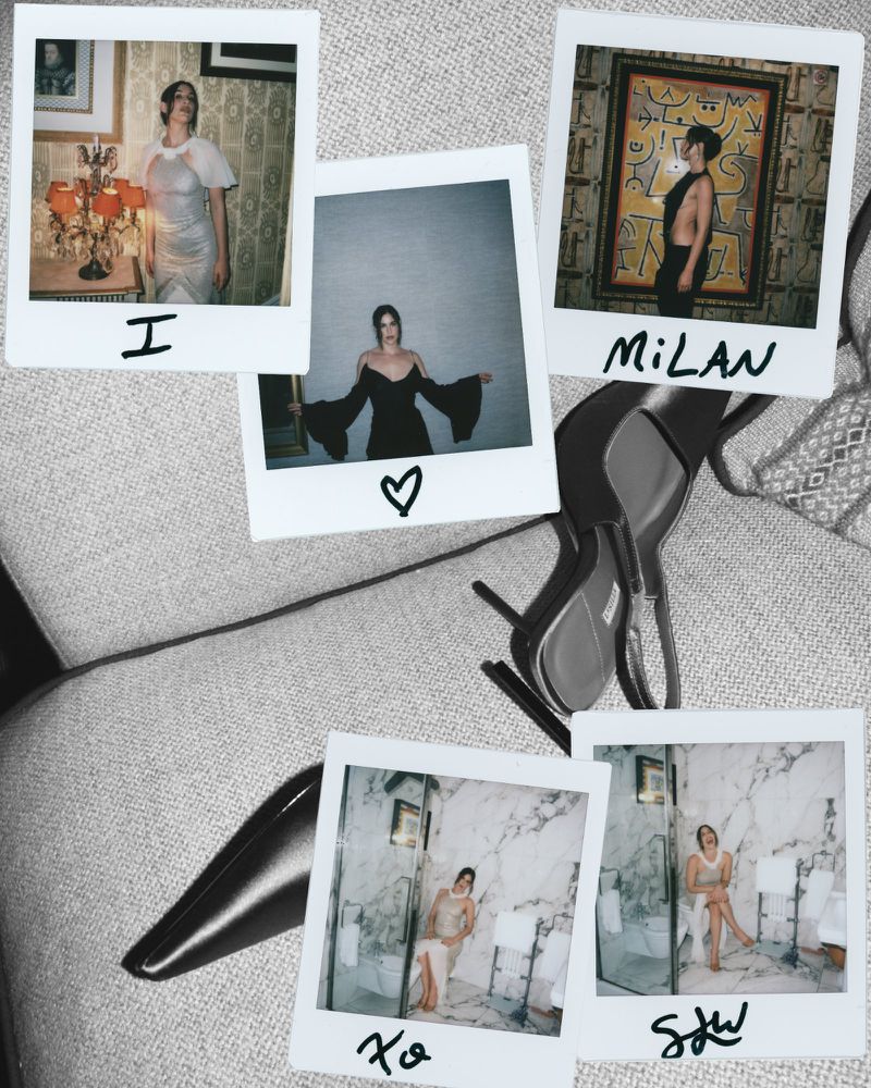 Collage of five polaroid photographs featuring Scout Willis with handwritten notes arranged over a textured surface with black high heels.