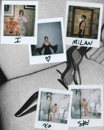 Collage of five polaroid photographs featuring Scout Willis with handwritten notes arranged over a textured surface with black high heels.