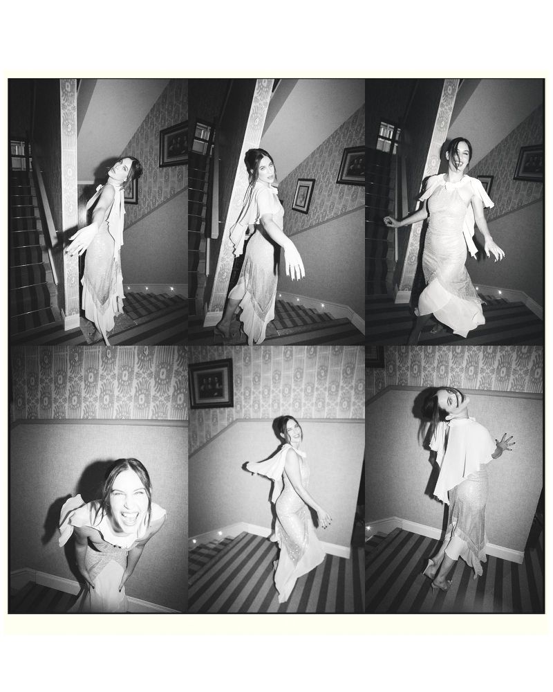Monochrome six-panel photo grid of Scout Willis in a flowing dress walking down a patterned staircase for Marie Claire Italia