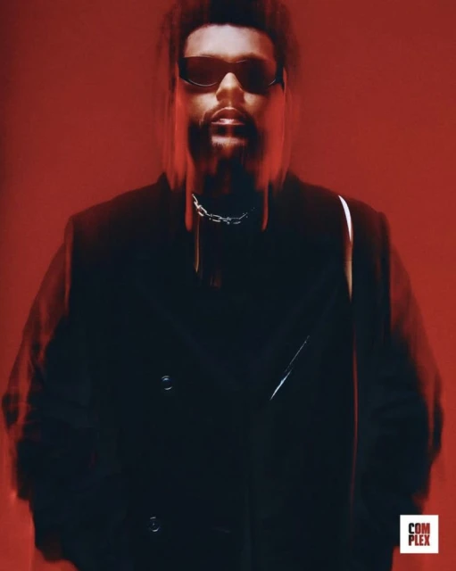 Adult male with a beard and sunglasses, wearing a dark coat and chain necklace, poses against a vibrant red studio backdrop.