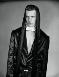 Monochrome portrait of male model Ivo Pelleboer wearing a hooded satin jacket and white bowtie for Esquire Portugal.