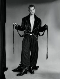 Monochrome fashion portrait of male model Ivo Pelleboer holding black satin jacket ties for Esquire Portugal.