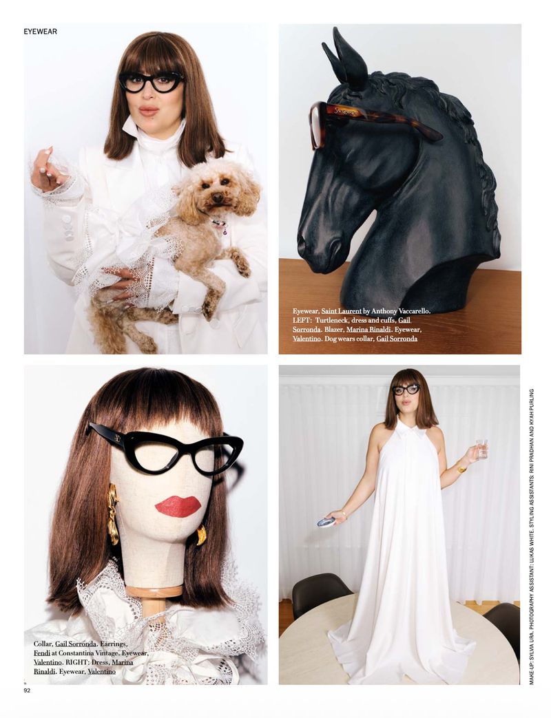 Four-panel fashion editorial layout for Vogue Arabia featuring a woman wearing black glasses, white outfits, and holding a small dog.