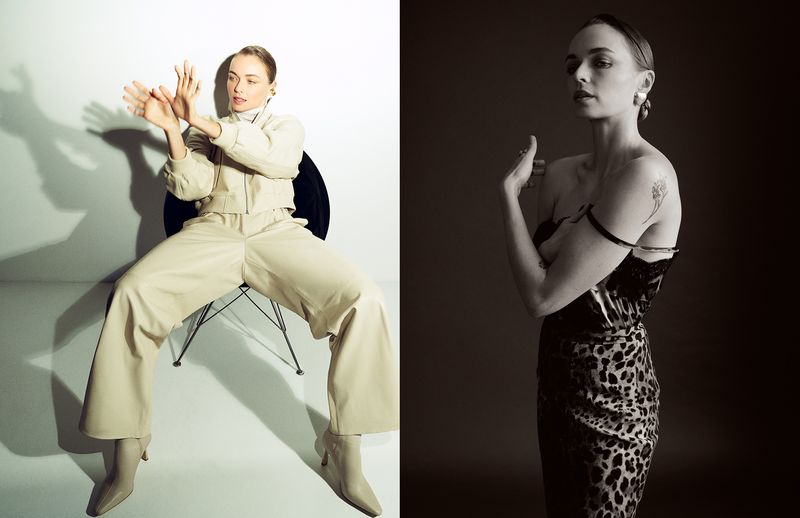 Two-panel fashion portrait featuring a woman in a cream leather outfit and a second portrait in a leopard-print dress