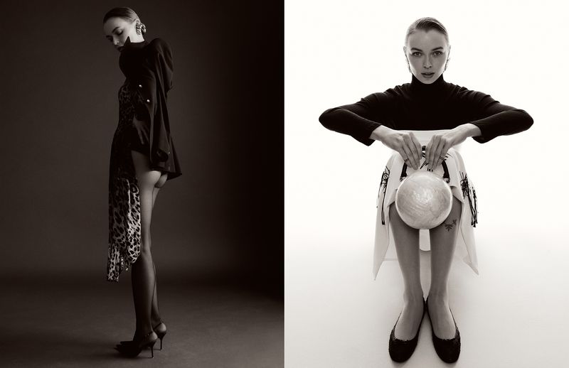 Portrait featuring actress Jess Bush wearing a black turtleneck and patterned skirt for Schön Magazine interview.