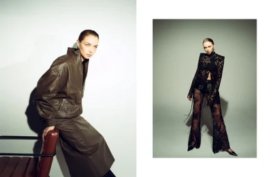Diptych fashion portrait featuring a woman in a brown leather jacket and skirt on left, and in a black lace outfit on right.