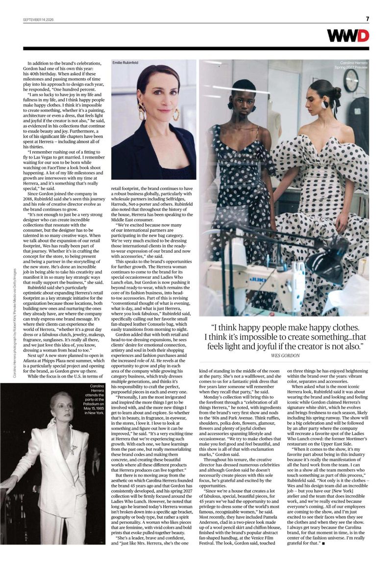 Page layout from WWD featuring multiple fashion photographs, including models in polka dot dresses and portraits.