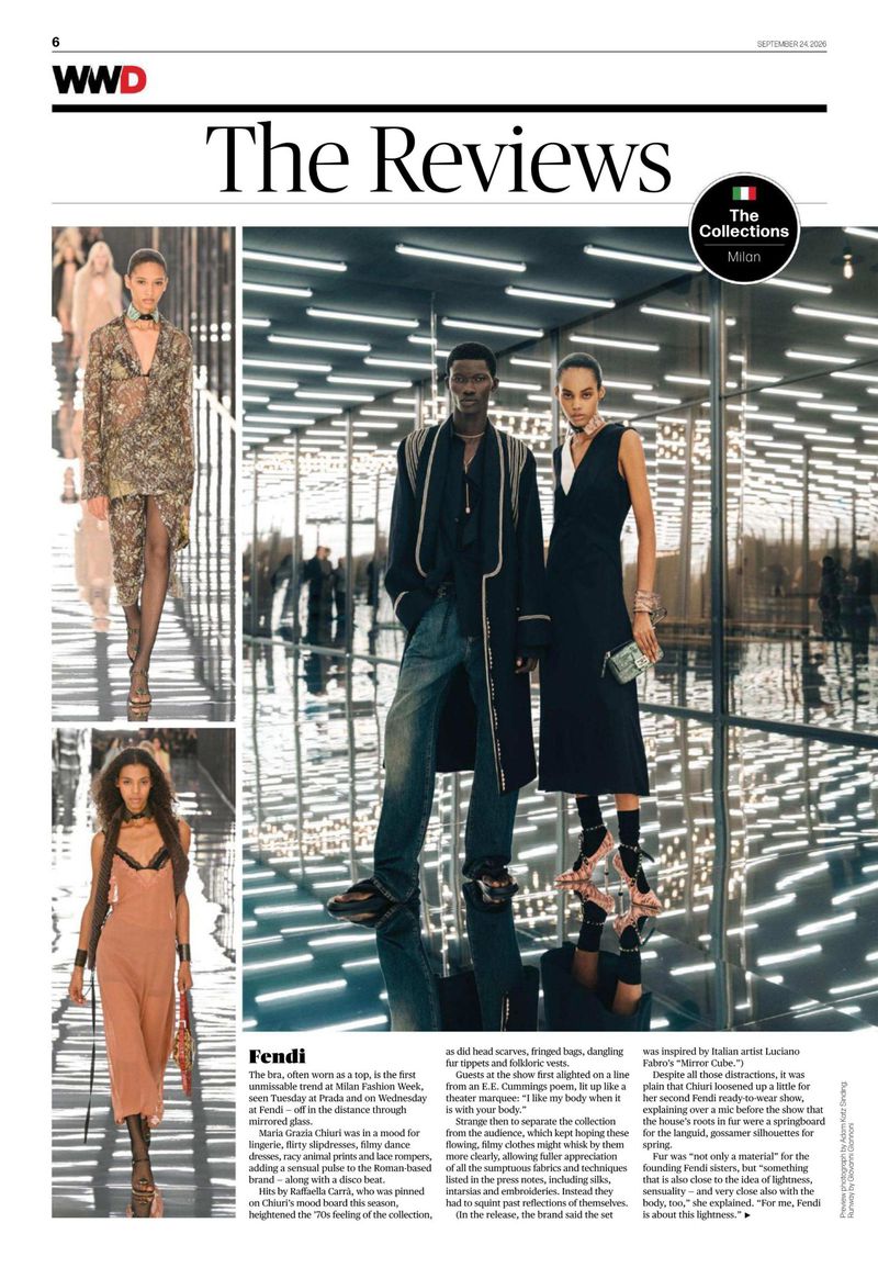 Magazine page layout for WWD featuring runway fashion photography by Adam Katz Sinding with models on a mirrored runway