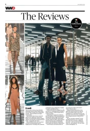 Magazine page layout for WWD featuring runway fashion photography by Adam Katz Sinding with models on a mirrored runway