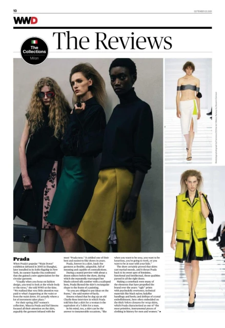 Magazine page layout featuring three models standing together in dark attire against a neutral wall, alongside runway imagery.