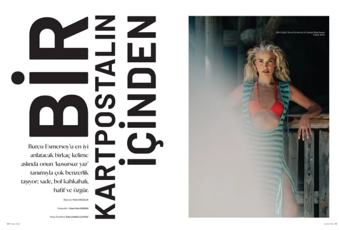 Magazine spread featuring a woman with blonde hair wearing a crocheted vest and red bikini top leaning against wooden railings.