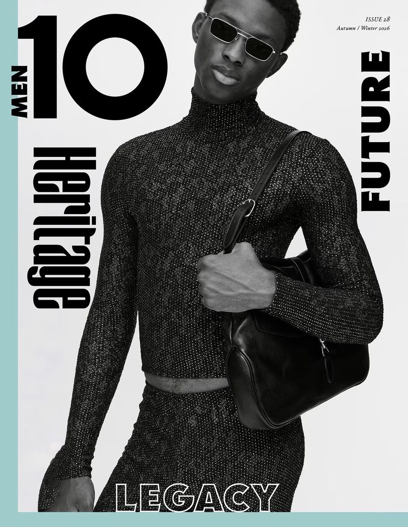Model Nonso Ojukwu wearing a black turtleneck and carrying a shoulder bag for 10 Men Magazine Australia