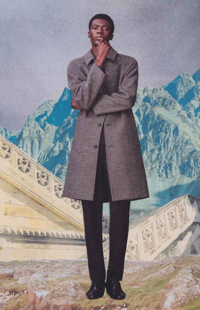 Black male model in a patterned coat standing before a mountain and architectural collage background
