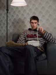 Model seated in an armchair holding a telephone receiver against a patterned wallpaper background for WE11DONE