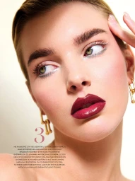Close-up portrait of a woman with glossy burgundy lips, light eyeshadow, and gold earrings for InStyle Greece LACQUER project