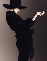 Model in wide-brimmed black hat and dark textured top holding a lit cigarette against a neutral studio backdrop