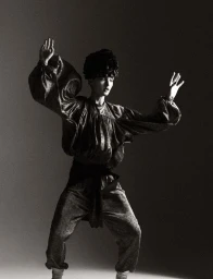 Model in voluminous metallic blouse and trousers posing with arms raised in studio