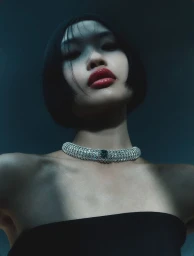 Close-up portrait of a woman wearing a heavy jeweled choker necklace and a dark strapless top against a moody background.
