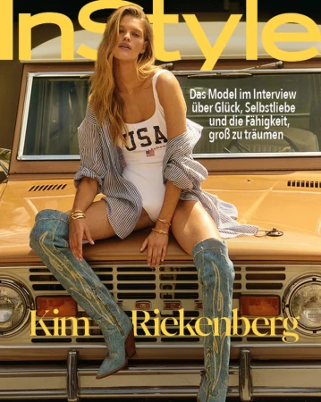 Magazine cover featuring a blonde model wearing a swimsuit and boots sitting on a vintage car, with the 'Instyle' masthead visible.