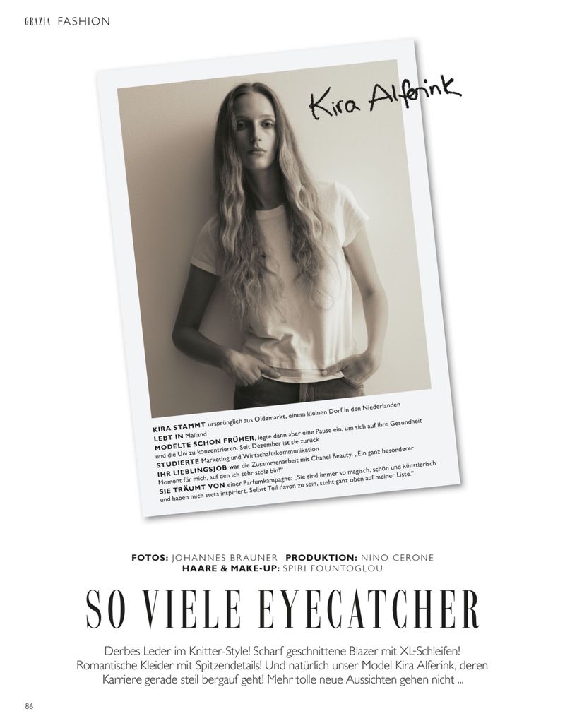 Model Kira Alferink wearing a white t-shirt in a portrait layout for Grazia Germany photographed by Johannes Brauner