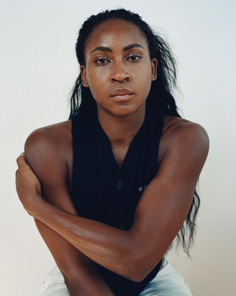 Coco Gauff portrait wearing a black sleeveless top against a white background for The Gentlewoman