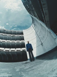Model wearing a blue jacket and dark trousers standing inside a curved concrete architectural structure under a blue sky