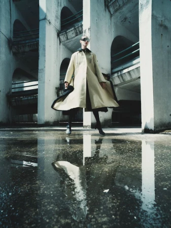 Model wearing a long beige coat and sunglasses posing within a brutalist concrete structure with water puddle reflection