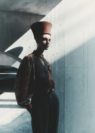 Model Daga Ziober wearing a tall brown hat and dark vest in an architectural concrete space for Seduction Magazine.