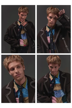 Four-panel editorial portrait of male model Yeray Allgayer wearing a dark coat and multi-colored patterned shirt against a grey background.