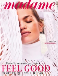 Close-up portrait of model Daphne Groeneveld wearing a white textured knit garment for Madame Figaro magazine cover photography.