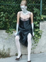 Model with silver body paint wearing a black slip dress and white tights sitting against a low concrete wall with a chain-link fence.