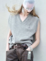 Model wearing a grey sweater vest and dark brown trousers with statement rhinestone earrings and a sheer face covering