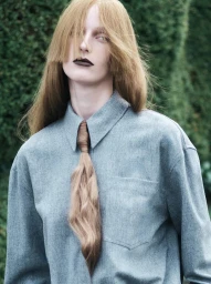 Model with long strawberry blonde hair wearing a blue button-down shirt outdoors against a green garden background