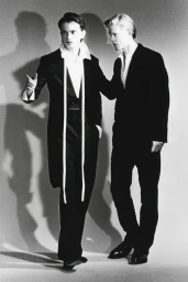 Black and white editorial image of two male models in dark suits standing against a light seamless studio backdrop.