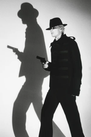 Model in dark fedora hat and black coat holding a handgun with a sharp dramatic shadow on the wall for HERO Magazine.