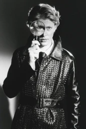 Man wearing a textured black leather trench coat holding up a magnifying glass in front of his eye for HERO Magazine.