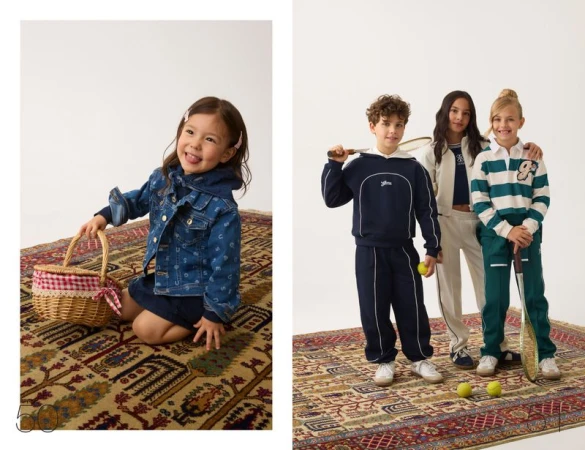 Split image showing a young child holding a picnic basket and three older kids standing on a patterned rug for Guess Kids Pre-Fall 2026