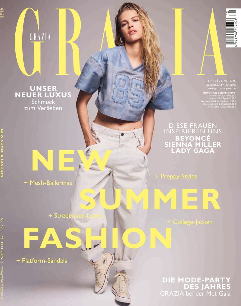 Grazia magazine cover featuring a blonde woman in a cropped top and baggy pants, promoting new summer fashion, with a yellow logo.