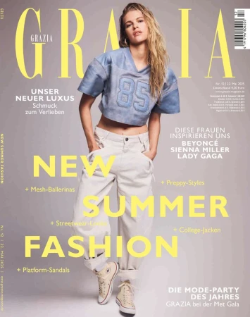 Grazia magazine cover featuring a blonde woman in a cropped top and baggy pants, promoting new summer fashion, with a yellow logo.