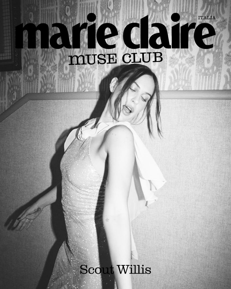 Monochrome magazine cover featuring Scout Willis in a sparkling halter dress against patterned wallpaper.