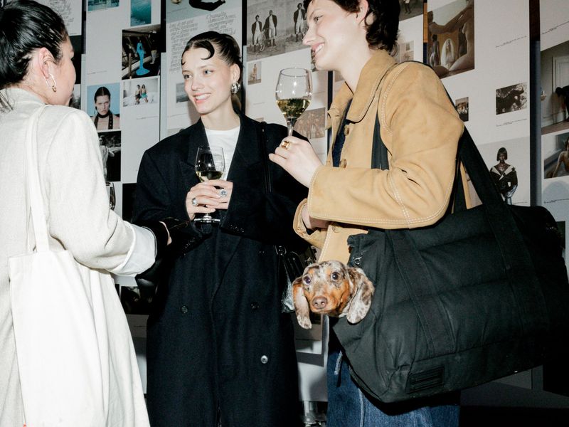 Three women converse at an event with a dachshund in a tote bag, illuminated by indoor lighting, creating a fashionable and social atmosphere.